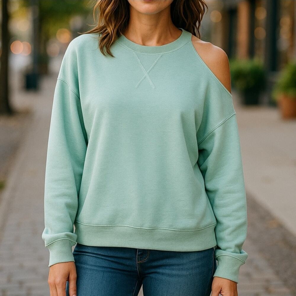 Ethereal Soft Light Green Left Shoulder Cut-Out Long Sleeve Sweatshirt - Small